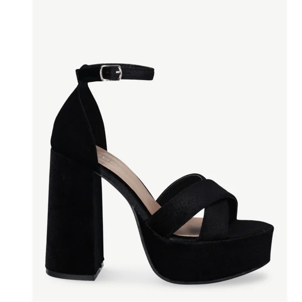 Scoop Black Velvet Platform Heeled Sandals - Picture 3 of 13